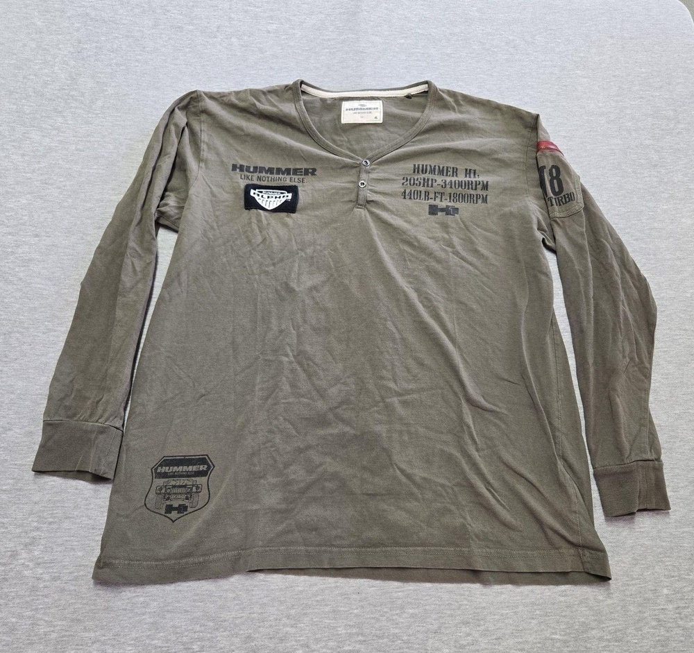 Hummer Shirt Mens XL Green Henley Long Sleeve Alpha Graphic Automotive Tee
